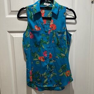 Express Blue Button Down Blouse with Notched Collar